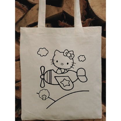 Hello Kitty Uçakli  Boyama Çantasi krem kanvas çanta %100 pamuk 35x40 cm tote bag