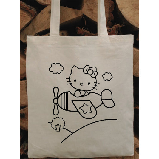 Hello Kitty Uçakli  Boyama Çantasi krem kanvas çanta %100 pamuk 35x40 cm tote bag