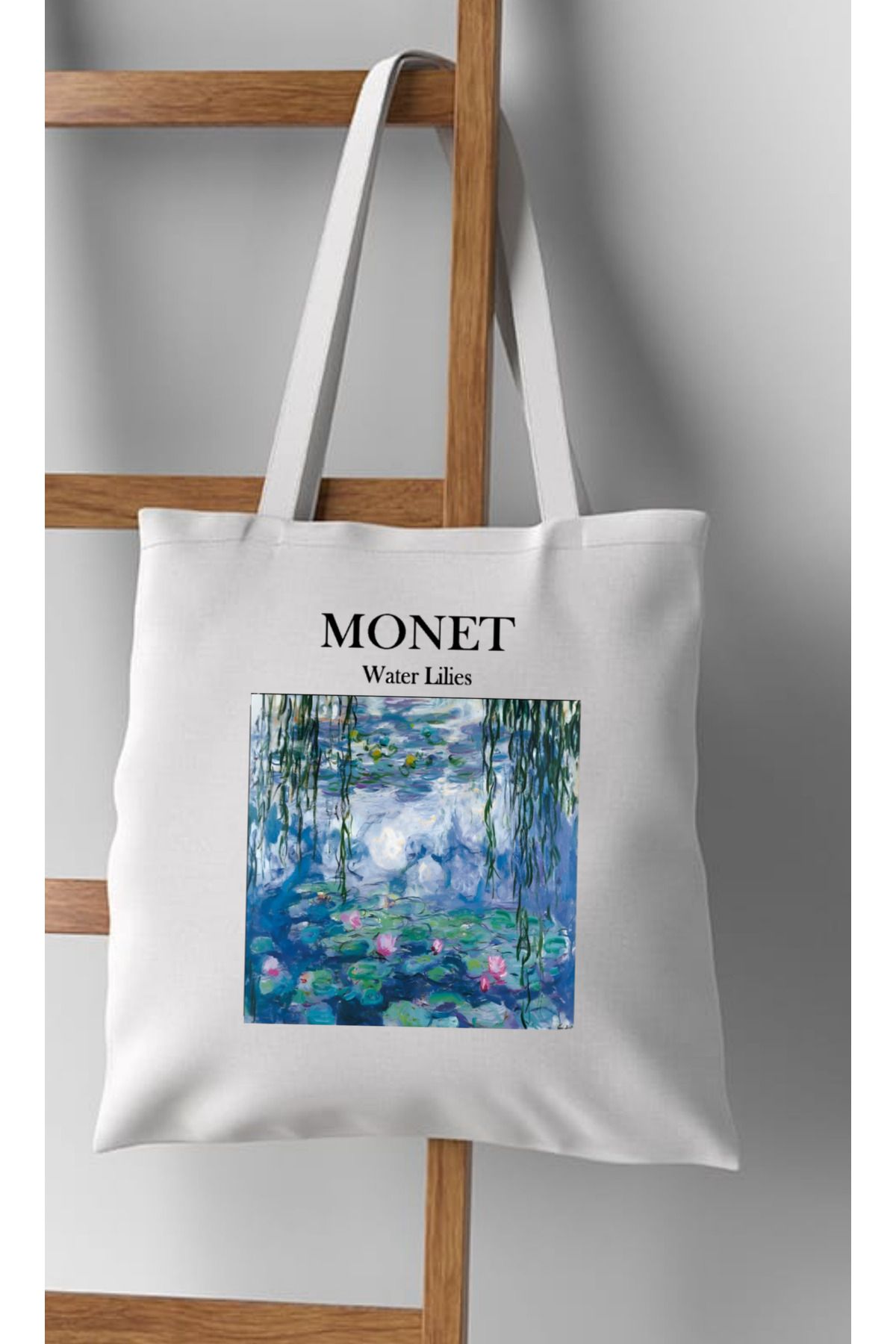 Monet - Zambaklar Baskılı Beyaz Kalın Su Geçirmez Kanvas Omuz Çantası Tote Bag