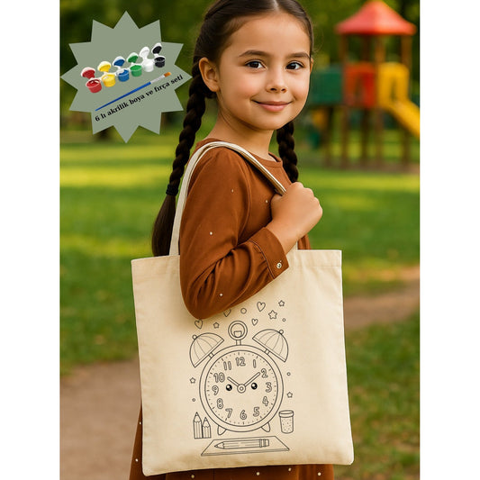 Boyama Seti Saat Boyama Çantasi Anaokulu Çocuk Etkinlik Boyama krem kanvas çanta %100 pamuk 35x40 cm tote bag