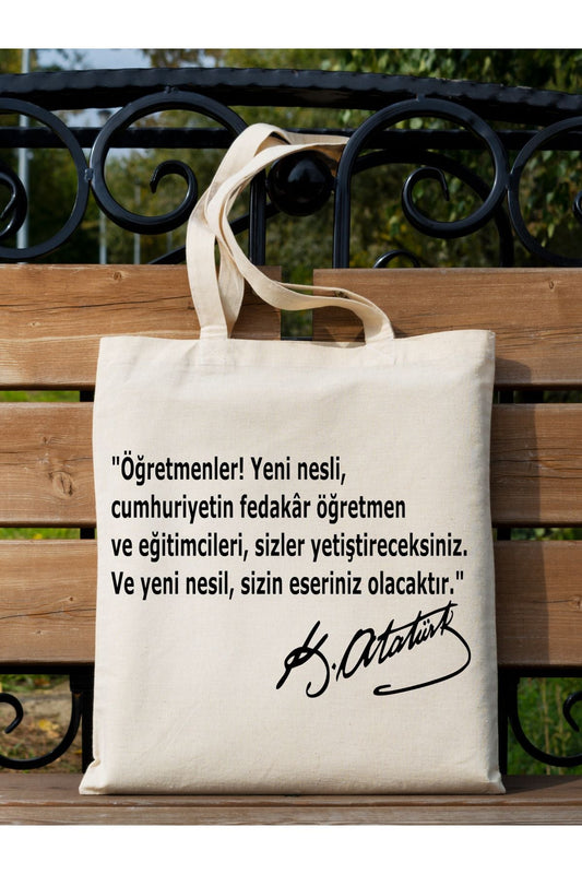 Öğretmenler Günü Atatürk Imzalı Ham Bez Çanta – 35x40 cm