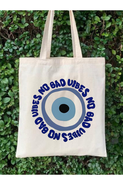 No Bad Vibes, Nazar Boncuğu Tasarım Tote Bag Bez Çanta