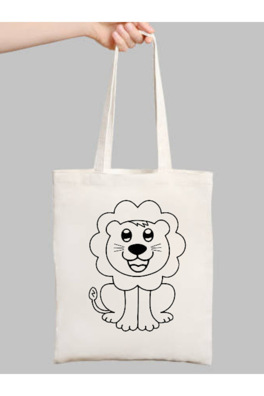 Aslan Hayvanli Boyama Çantasi krem kanvas çanta %100 pamuk 35x40 cm tote bag