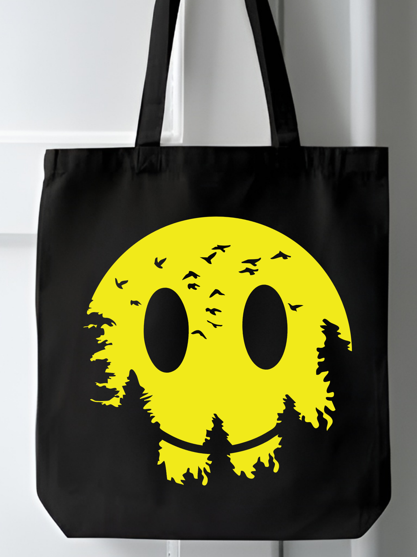 Yellow Smile Design Y2k tote bag, Siyah Kalın Kanvas Y2K Bez Çanta, Omuz Çanta, Tote Bag