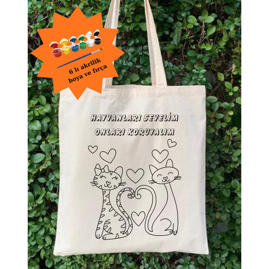 Boyama Seti Hayvanlari Koruma Günü Boyama Çanta Boyama Anaokulu krem kanvas çanta %100 pamuk 35x40 cm tote bag