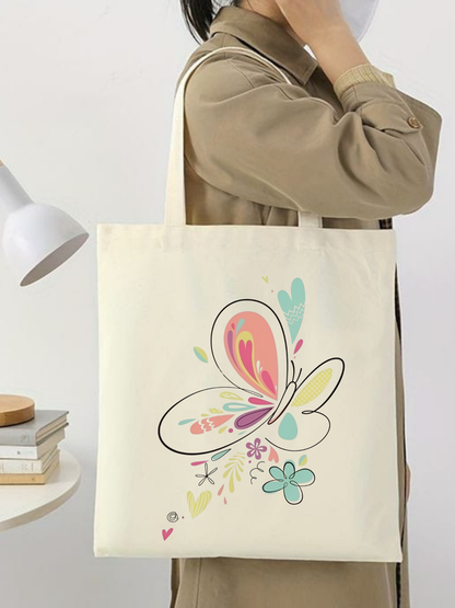 Butterfly Design Krem Kanvas Çanta – 35x40 cm