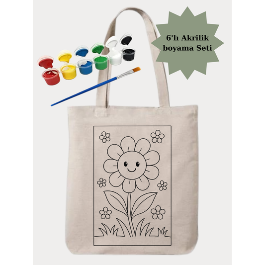 Boyama Seti Gülen Çiçek Boyama Çantasi Anaokul Çocuk Etkinlik Boyama krem kanvas çanta %100 pamuk 35x40 cm tote bag