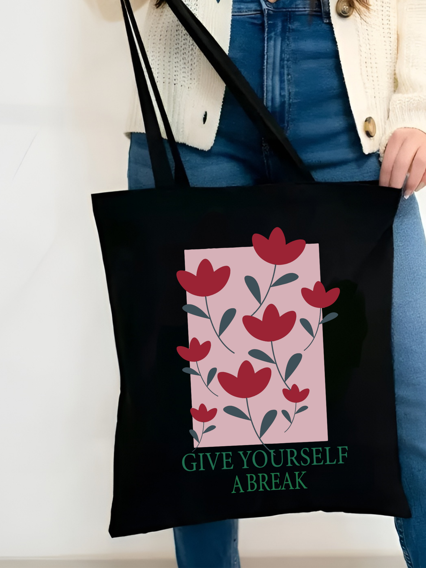 Give Yourself Break Siyah Kanvas Bez Çanta – 35x40 cm