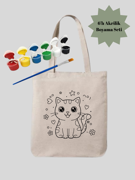 Boyama Seti Kedi Boyama Çantasi Anaokulu Çocuk Etkinlik Boyama krem kanvas çanta %100 pamuk 35x40 cm tote bag