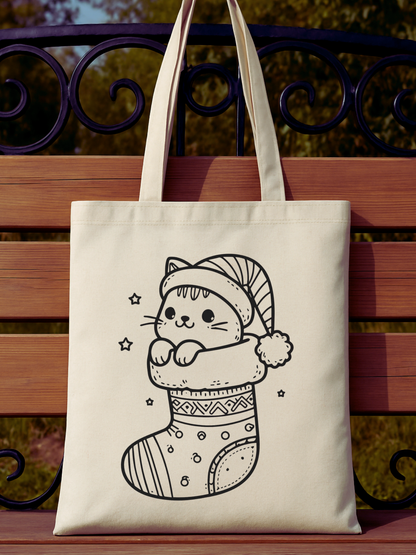 Çorapta Kedi Boyama Çantasi Anaokulu Çocuk Etkinlik Boyama tasarımlı krem kanvas çanta. %100 pamuk, 35x40 cm doğal tote bag. 