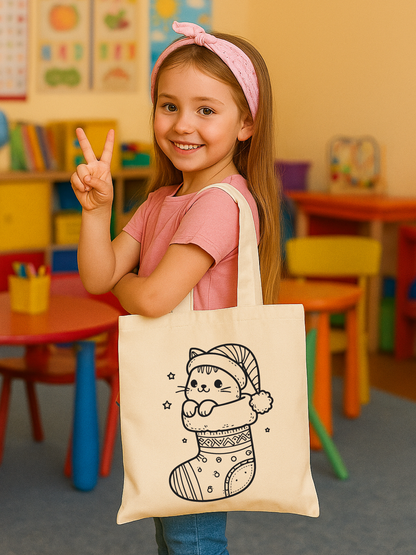 Çorapta Kedi Boyama Çantasi Anaokulu Çocuk Etkinlik Boyama tasarımlı krem kanvas çanta. %100 pamuk, 35x40 cm doğal tote bag. 