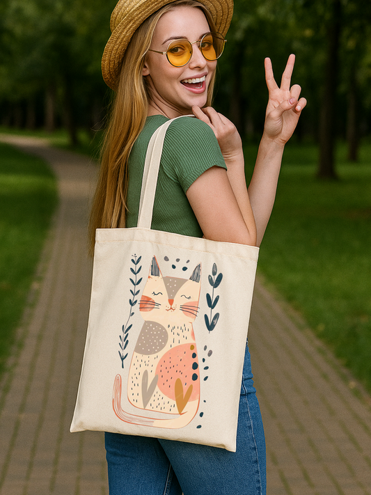 Cat Design tasarımına sahip bu krem kanvas çanta, %100 pamuk dokusuyla doğal ve şık bir görünüm sunar.