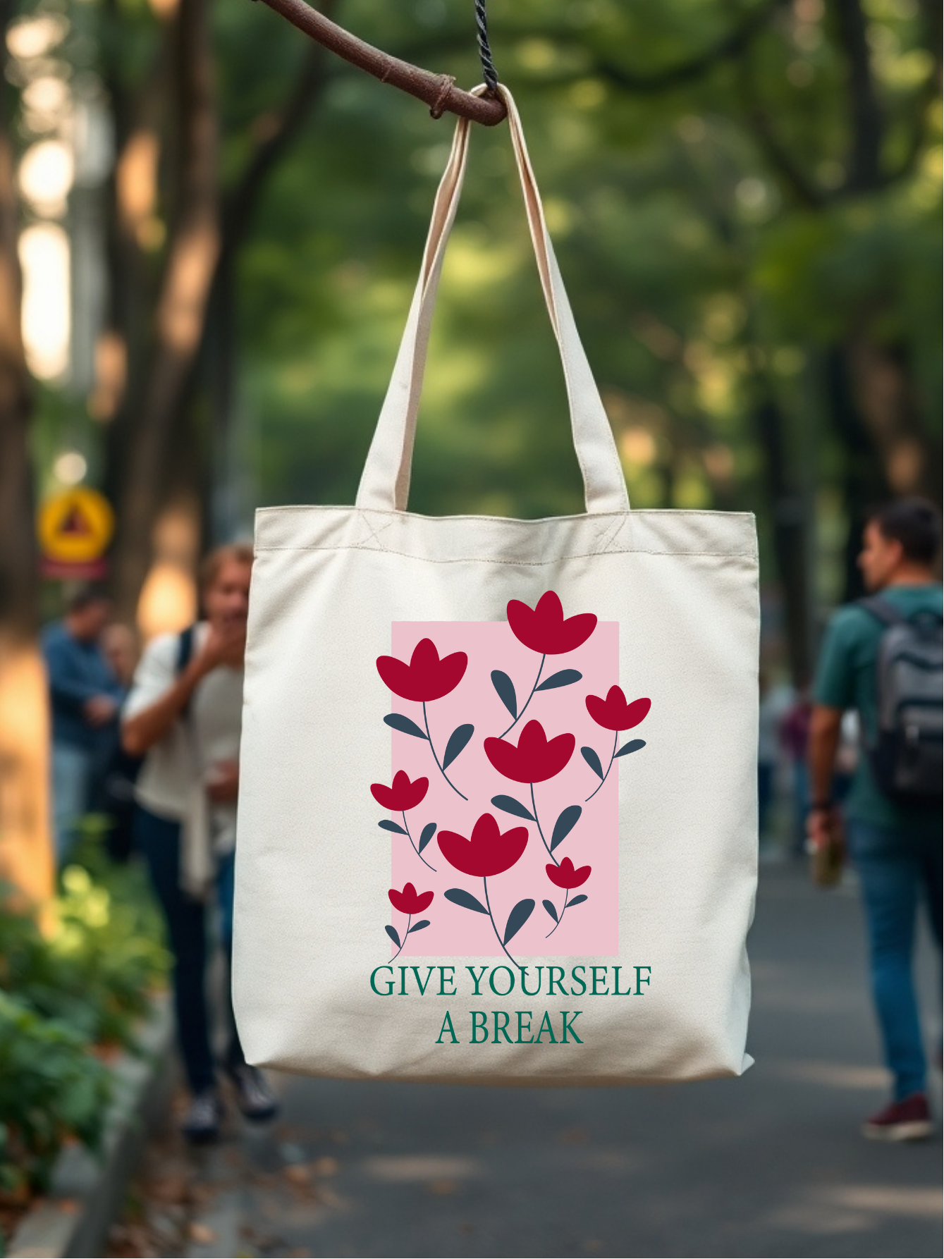 Give Yourself Break tasarımlı %100 pamuk ham bez çanta. 35x40 cm dayanıklı, çevre dostu, günlük kullanım ve hediye için ideal tote bag modeli.
