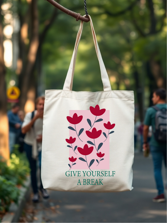 Give Yourself Break tasarımlı %100 pamuk ham bez çanta. 35x40 cm dayanıklı, çevre dostu, günlük kullanım ve hediye için ideal tote bag modeli.