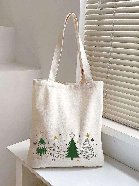 Ağaç Yılbaşı tasarımlı %100 pamuk ham bez çanta. 35x40 cm dayanıklı, çevre dostu, günlük kullanım ve hediye için ideal tote bag modeli.