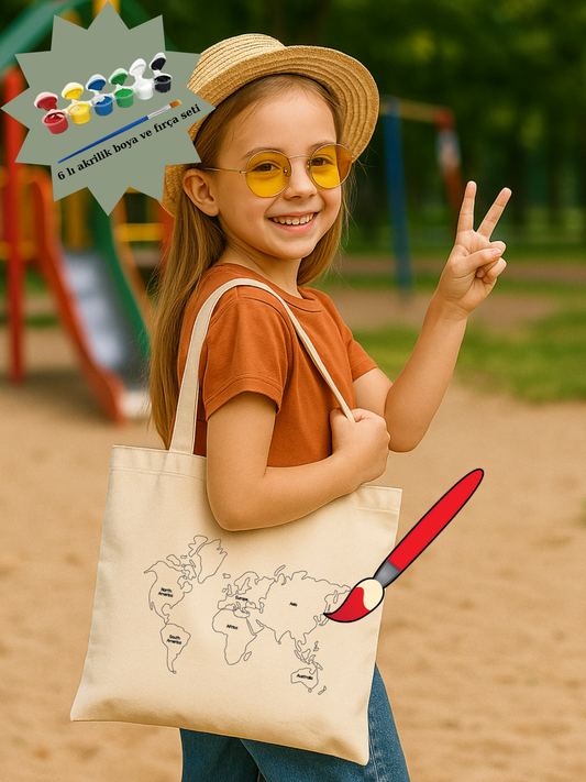 Boyama Seti Dünya Haritasi Boyama Çantasi krem kanvas çanta %100 pamuk 35x40 cm tote bag
