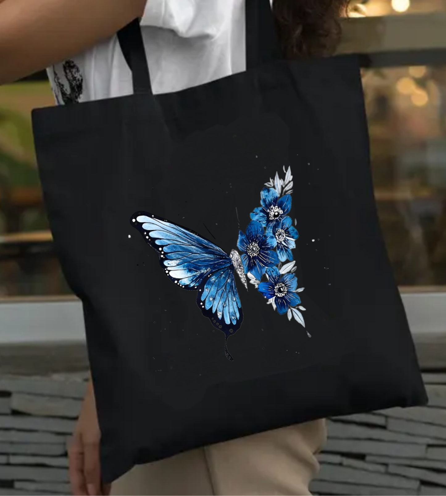 Siyah Kanvas Butterfly Kelebek Tote Bag Bez Çanta, Kanvas Çant, Shopper Bag