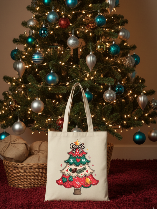 Noel ağacı baskılı yılbaşı temalı bez omuz çantası – Christmas gift bag