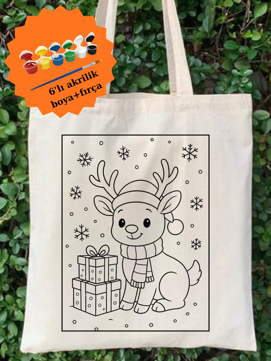 Yılbaşı Geyikli Boyama Seti – 6’lı Akrilik Boya + Fırça + Çanta