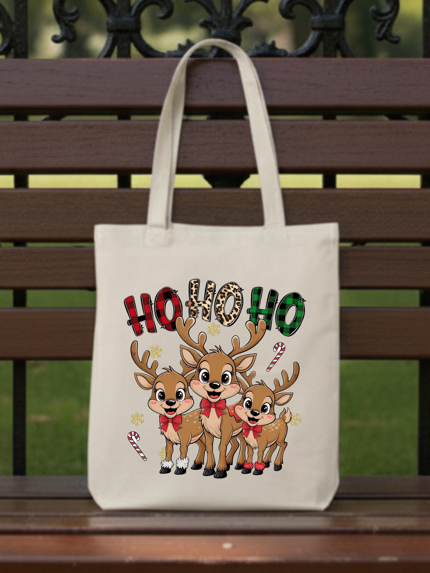 Ho Ho Ho ren geyiği aile temalı yılbaşı bez omuz çantası