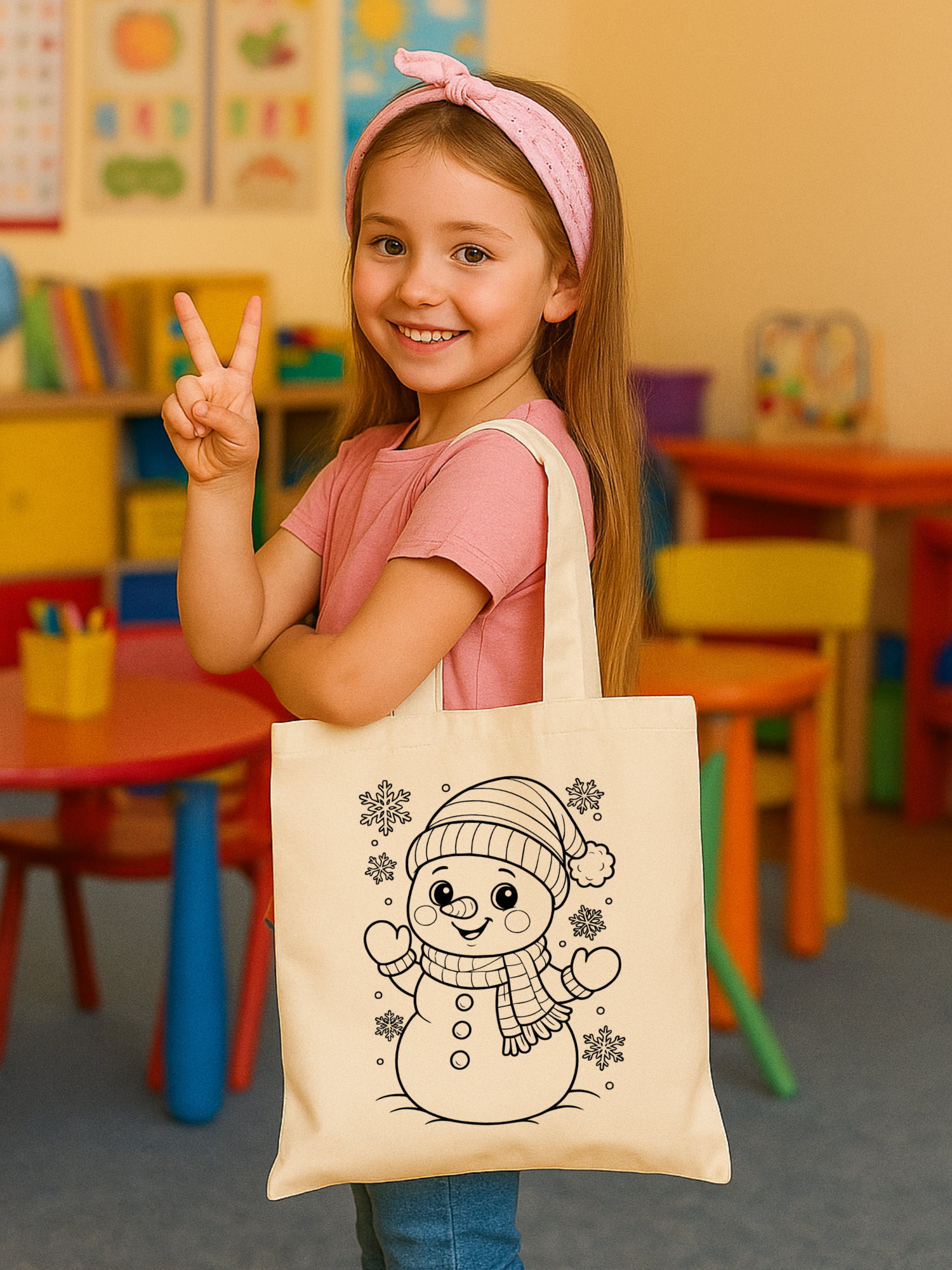 Kardan Adam Anaokulu Çocuk Etkinlik Boyama tasarımlı krem kanvas çanta. %100 pamuk, 35x40 cm doğal tote bag. 
