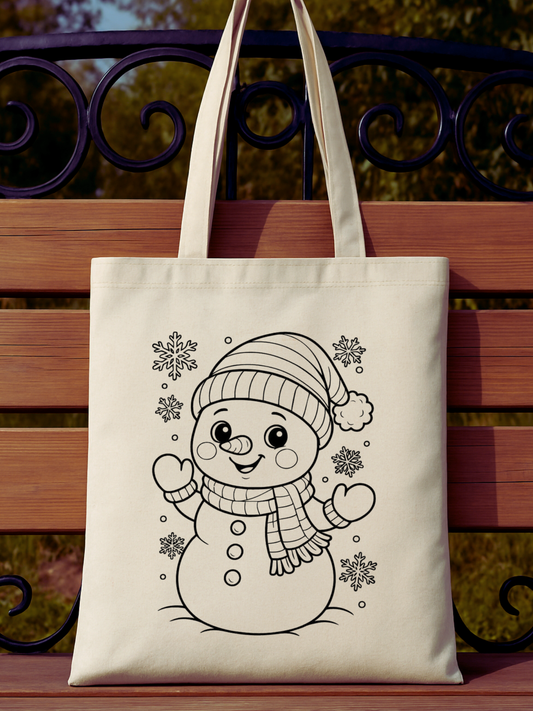 Kardan Adam Anaokulu Çocuk Etkinlik Boyama tasarımlı krem kanvas çanta. %100 pamuk, 35x40 cm doğal tote bag. 