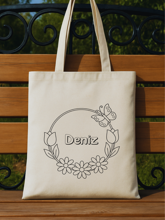 Kişiye özel isimli boyanabilir bez çanta – kelebek ve çiçek çizimli boyama tasarım çantası