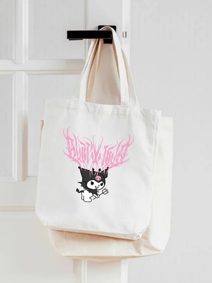 Kuromi Anime tasarımlı %100 pamuk ham bez çanta. 35x40 cm dayanıklı, çevre dostu, günlük kullanım ve hediye için ideal tote bag modeli.