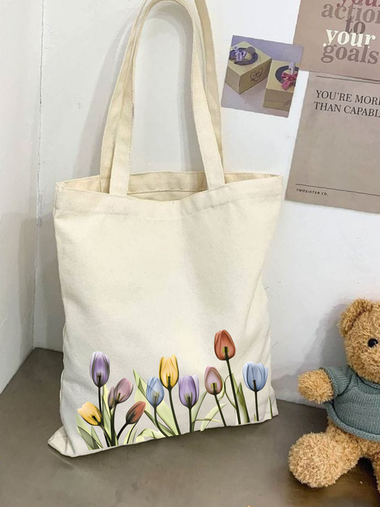 Lale  tasarımlı %100 pamuk ham bez çanta. 35x40 cm dayanıklı, çevre dostu, günlük kullanım ve hediye için ideal tote bag modeli.