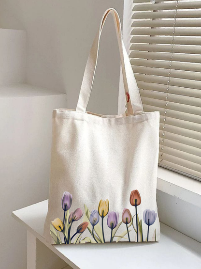 Lale  tasarımlı %100 pamuk ham bez çanta. 35x40 cm dayanıklı, çevre dostu, günlük kullanım ve hediye için ideal tote bag modeli.
