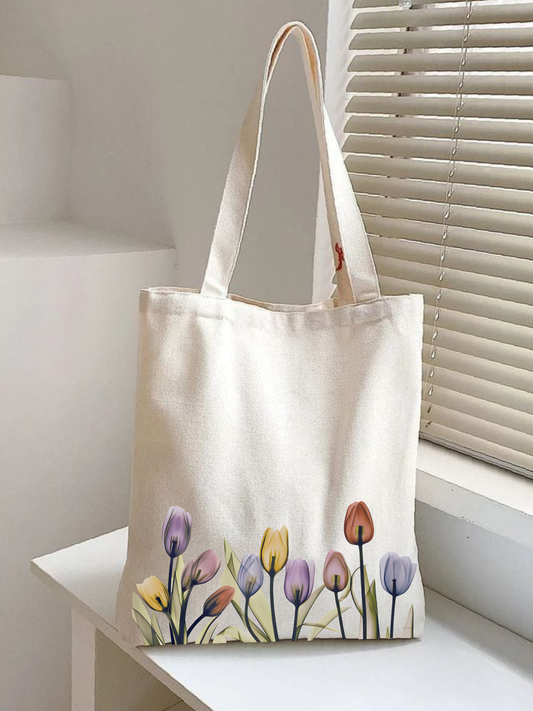 Lale  tasarımlı %100 pamuk ham bez çanta. 35x40 cm dayanıklı, çevre dostu, günlük kullanım ve hediye için ideal tote bag modeli.