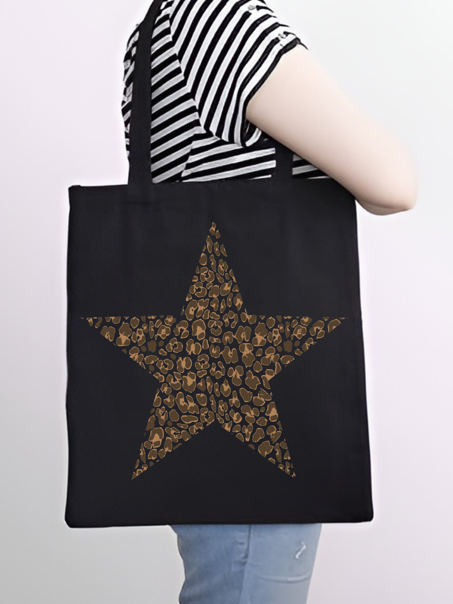 Leopar Star Siyah Kanvas Kalın Tote Bag, Shopper Bag, Omuz Çantası, Leopar Çanta