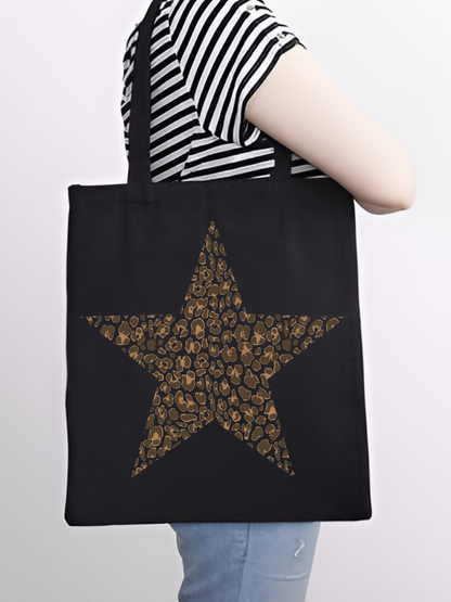 Leopar Star Siyah Kanvas Kalın Tote Bag, Shopper Bag, Omuz Çantası, Leopar Çanta