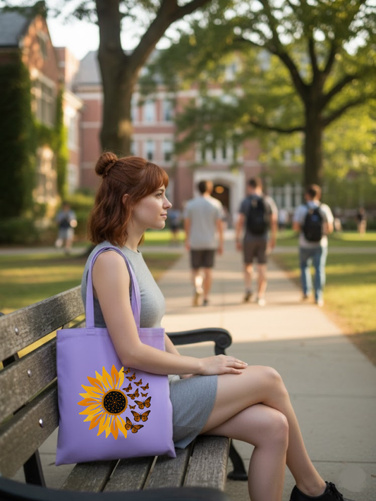 Papatya ve Kelebek Lila Kanvas Bez Çanta