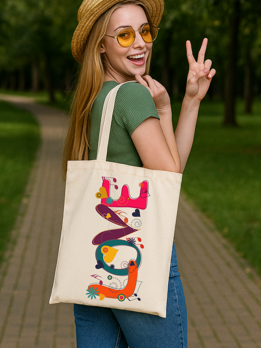 Love Music tasarımlı %100 pamuk ham bez çanta. 35x40 cm dayanıklı, çevre dostu, günlük kullanım ve hediye için ideal tote bag modeli.