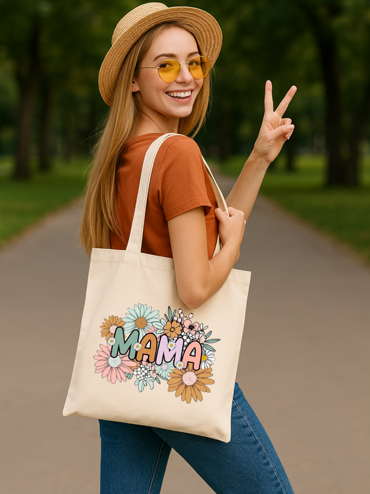 Mama Baskılı tasarımlı %100 pamuk ham bez çanta. 35x40 cm dayanıklı, çevre dostu, günlük kullanım ve hediye için ideal tote bag modeli.