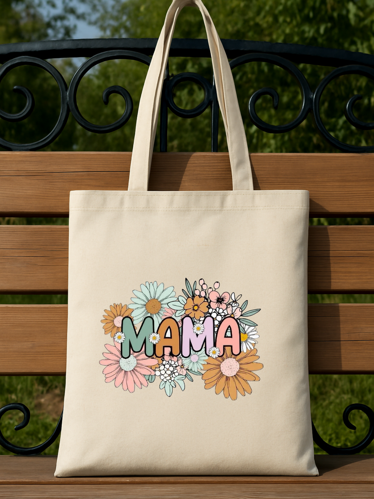 Mama Baskılı tasarımlı %100 pamuk ham bez çanta. 35x40 cm dayanıklı, çevre dostu, günlük kullanım ve hediye için ideal tote bag modeli.