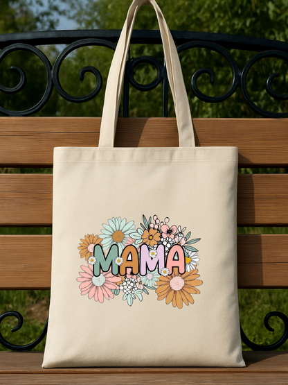 Mama Baskılı tasarımlı %100 pamuk ham bez çanta. 35x40 cm dayanıklı, çevre dostu, günlük kullanım ve hediye için ideal tote bag modeli.