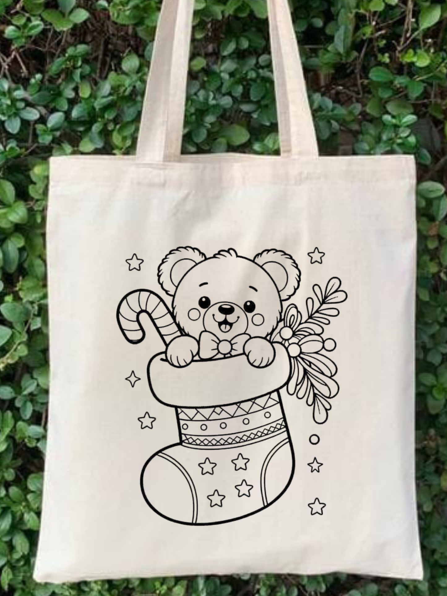 Çorapta Ayı Boyama Çantasi Anaokulu Çocuk Etkinlik Boyama tasarımlı krem kanvas çanta. %100 pamuk, 35x40 cm doğal tote bag. 