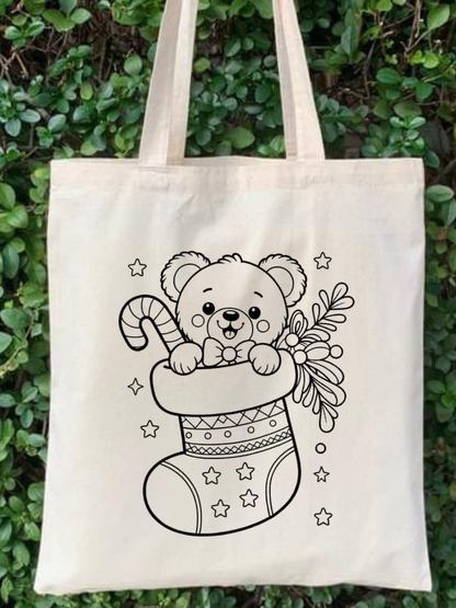 Çorapta Ayı Boyama Çantasi Anaokulu Çocuk Etkinlik Boyama tasarımlı krem kanvas çanta. %100 pamuk, 35x40 cm doğal tote bag. 