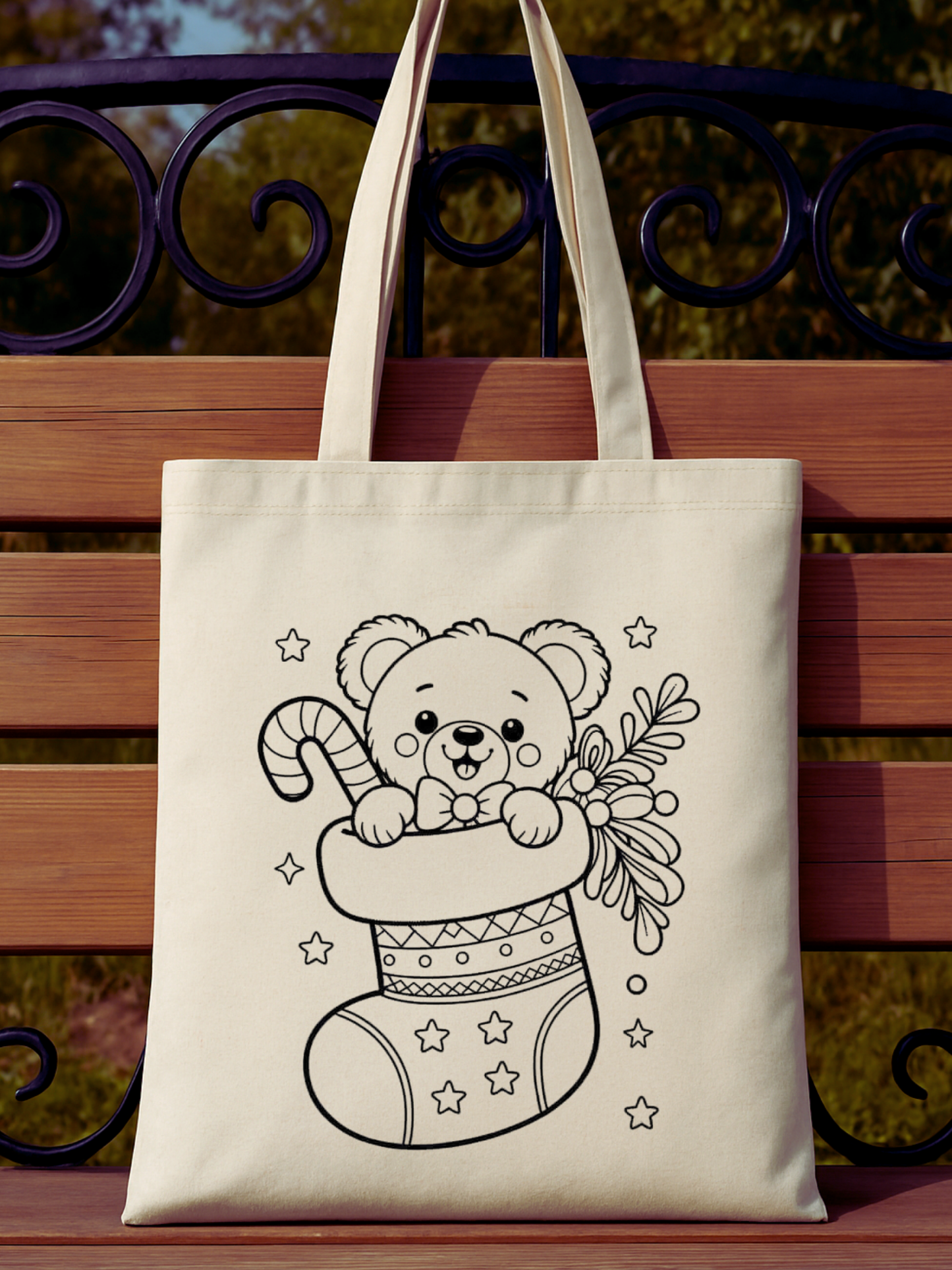 Çorapta Ayı Boyama Çantasi Anaokulu Çocuk Etkinlik Boyama tasarımlı krem kanvas çanta. %100 pamuk, 35x40 cm doğal tote bag. 