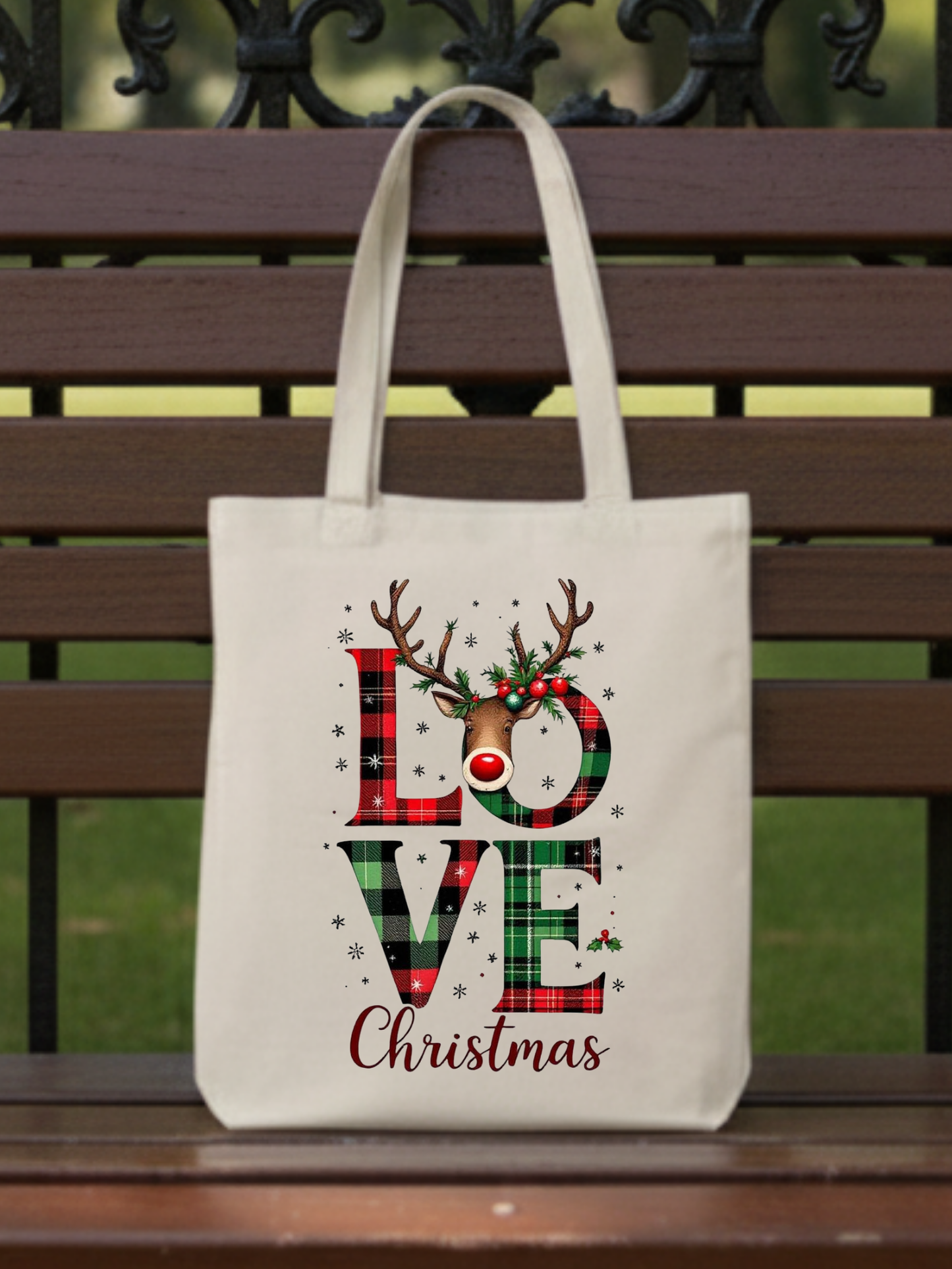 LOVE Christmas ren geyiği baskılı yılbaşı temalı bez omuz çantası