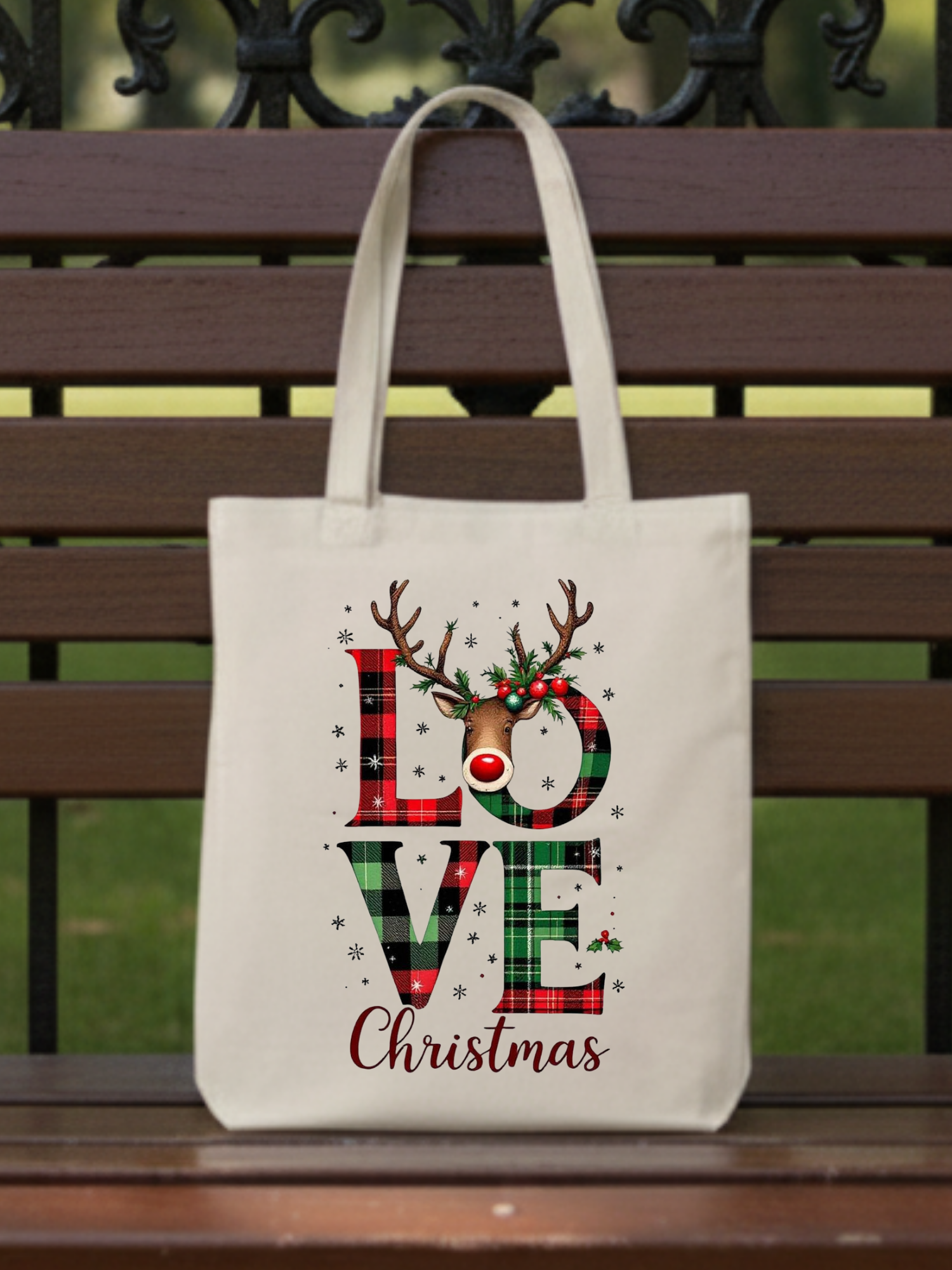 LOVE Christmas ren geyiği baskılı yılbaşı temalı bez omuz çantası