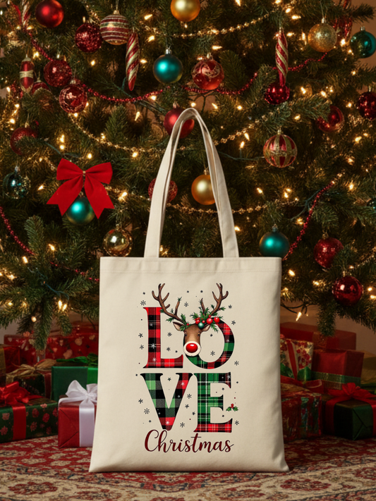 LOVE Christmas ren geyiği baskılı yılbaşı temalı bez omuz çantası