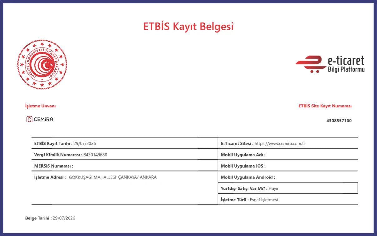 Cemira ETBİS kayıt belgesi